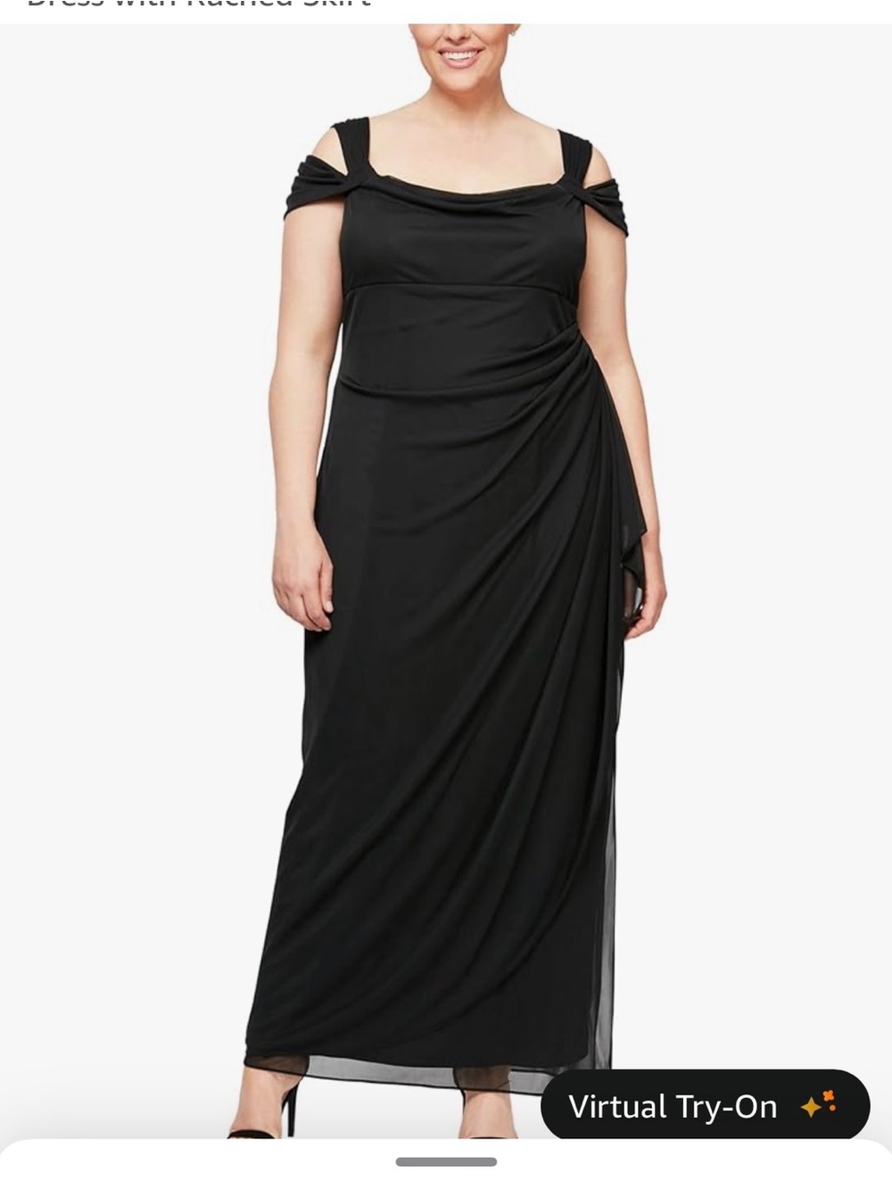 Alex Evenings Women's Plus Size Long Cold Shoulder Dress with Ruched Skirt